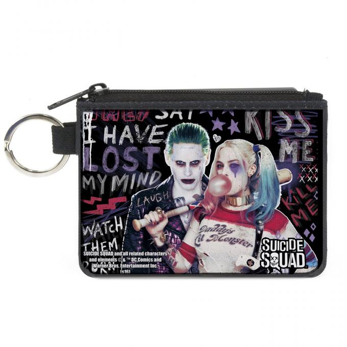 Canvas Zipper Wallet - MINI X-SMALL - SUICIDE SQUAD Joker & Harley Quinn Pose/Quote Sketches Black/Purples/Reds/White