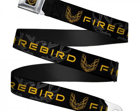 Pontiac Firebird Full Color Black/Golds Seatbelt Belt - Pontiac FIREBIRD/Logo Black/Grays/Golds Webbing