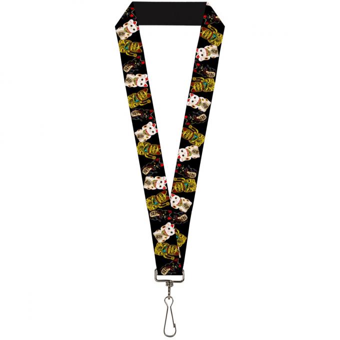 Buckle-Down Lanyard - Maneki Neko Lucky Cats Gold/Black/White