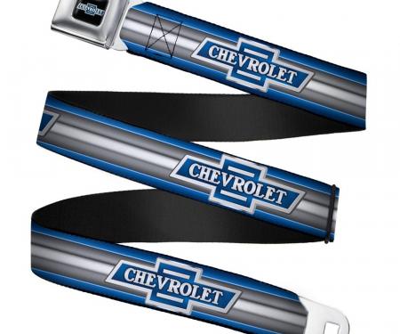 1929 Chevrolet Bowtie Logo Full Color Black/Silver/Blue Seatbelt Belt - 1929 Chevrolet Bowtie Logo/Stripe Blue/Silver/Blue Webbing