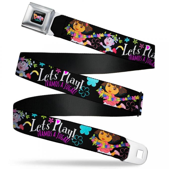 DORA THE EXPORER Logo2 Black/Multi Color Seatbelt Belt - Dora & Boots Pose/Floral LET'S PLAY!/VAMOS A JUGAR! Black/White/Multi Color Webbing