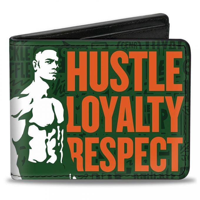 Bi-Fold Wallet - John Cena Silhouette/HUSTLE LOYALTY RESPECT/Icons Collage Greens/White/Orange