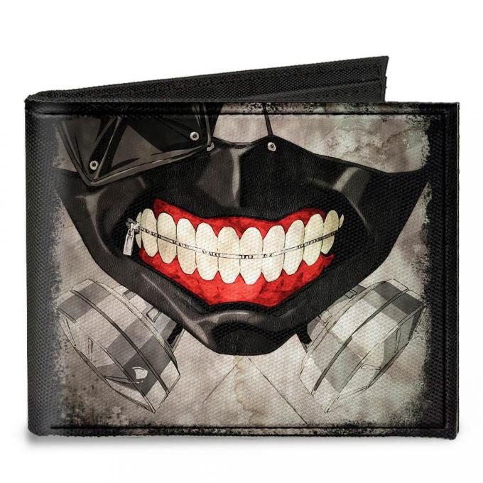 Canvas Bi-Fold Wallet - Masked Ken Kaneki Face CLOSE-UP + TOKYO GHOUL Black/Grays/Red
