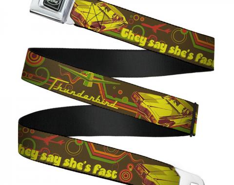 Ford Emblem Seatbelt Belt - Vintage Ford THUNDERBIRD-THEY SAY SHE'S FAST Browns/Yellows Webbing