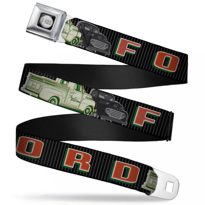 Ford F-100 Logo Full Color Black/Grays Seatbelt Belt - FORD/Classic Ford Trucks Vertical Stripe Black/Grays/Green/Red Webbing