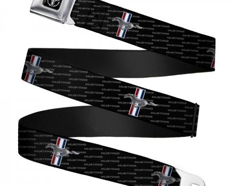 FORD MUSTANG Tri-Bar Logo Full Color Black/White/Silver/Red/Blue Seatbelt Belt - Ford Mustang w/Bars REPEAT w/Text Webbing