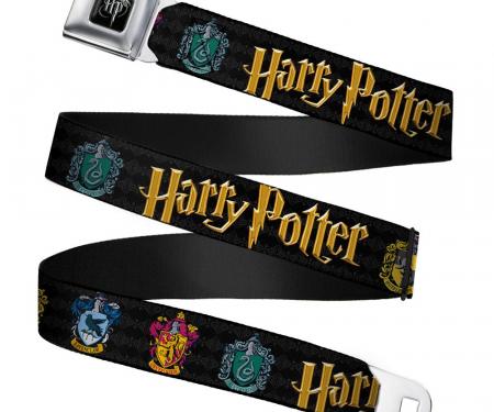 Harry Potter Logo Full Color Black/White Seatbelt Belt - HARRY POTTER Hufflepuff/Ravenclaw/Gryffindor/Slytherin Coat of Arms Black Webbing