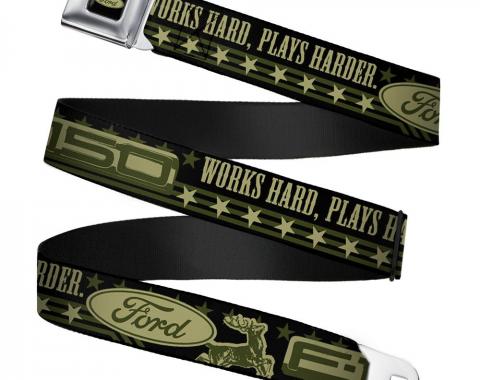 FORD Oval Full Color Black/Tan/Olive Seatbelt Belt - FORD F-150 WORKS HARD, PLAYS HARDER./Stars Black/Tan/Olive Webbing