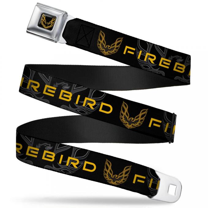 Pontiac Firebird Full Color Black/Golds Seatbelt Belt - Pontiac FIREBIRD/Logo Black/Grays/Golds Webbing