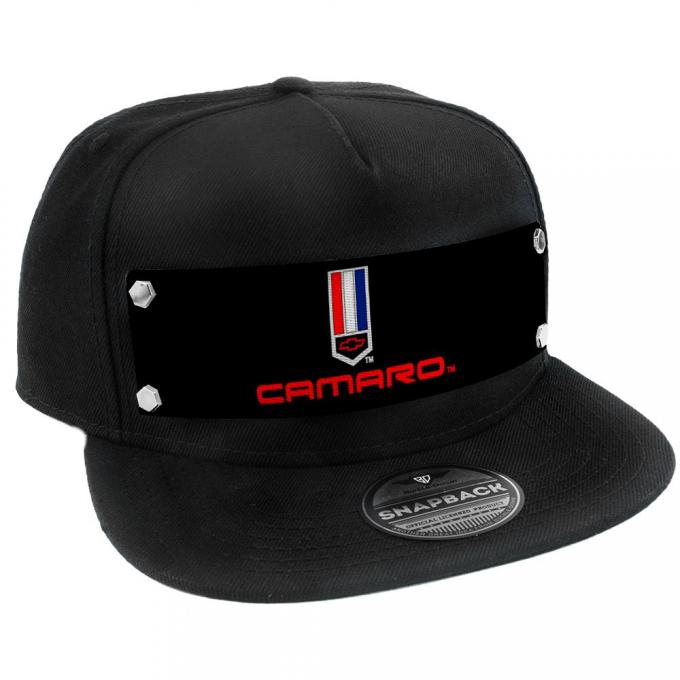 Embellishment Trucker Hat BLACK - Full Color Strap - CAMARO Badge2 Black/Red/White/Blue