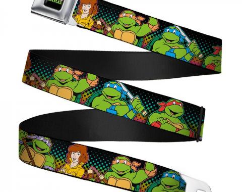 Classic TMNT Logo2 Full Color Seatbelt Belt - Classic TMNT Logo2/Turtles & April Pose Halftone Multi Color/Black Webbing