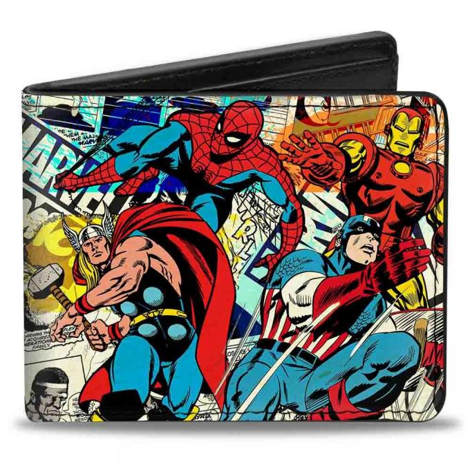 MARVEL COMICS  
Bi-Fold Wallet - 4-Retro Avenger Superhero Action Poses/MARVEL COMICS Logo/Comic Scenes White/Black/Multi Color