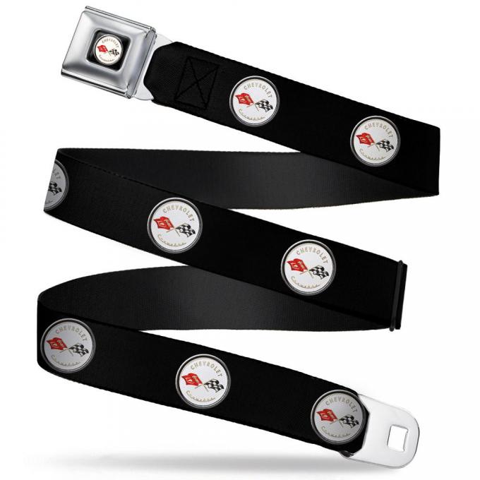 Corvette C1 Flags Emblem Full Color Black Seatbelt Belt - Corvette C1 Flags Emblem Repeat  Webbing