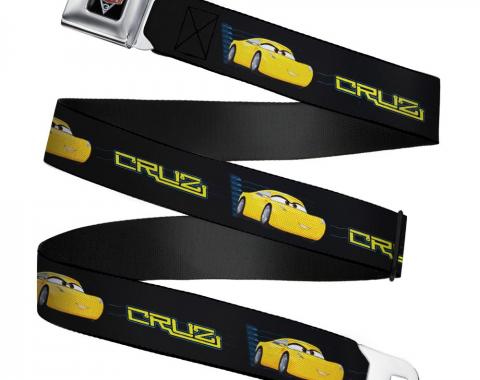 CARS 3 Emblem Full Color Black/Silver/Red Seatbelt Belt - Cars 3 CRUZ Pose/Car Profile Black/Blue/Yellow Webbing