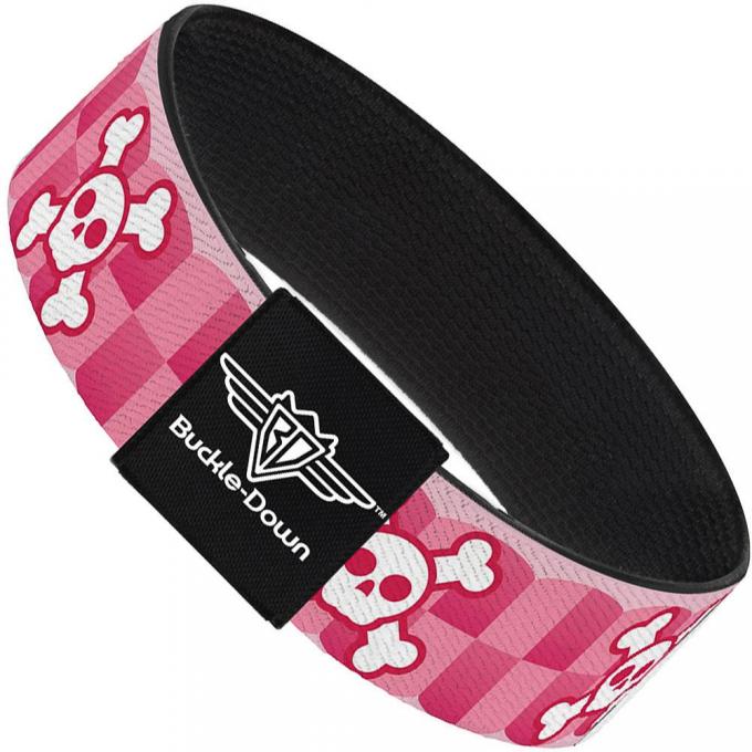 Buckle-Down Elastic Bracelet - Cute Skulls w/Checkers Pinks/White