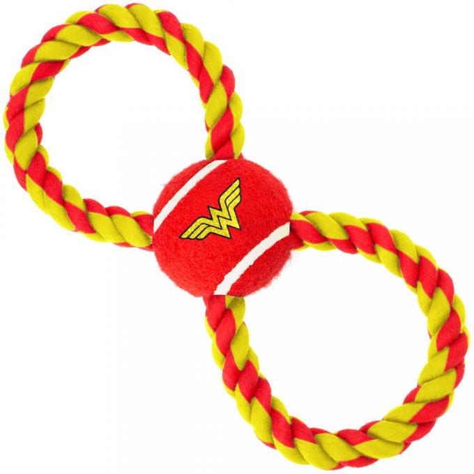 Dog Toy Rope Tennis Ball - Wonder Woman Logo Red/Yellow + Red/Yellow Rope