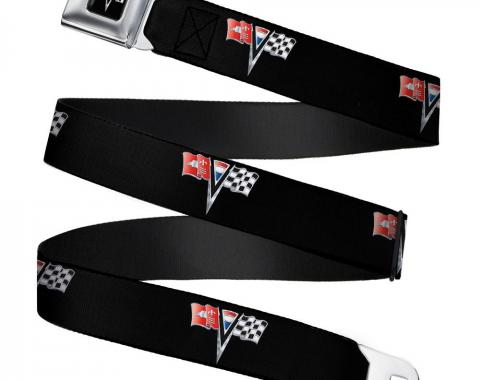 Corvette Stingray C2 Emblem Full Color Black Seatbelt Belt - Corvette Stingray C2 Emblem Black Repeat Webbing