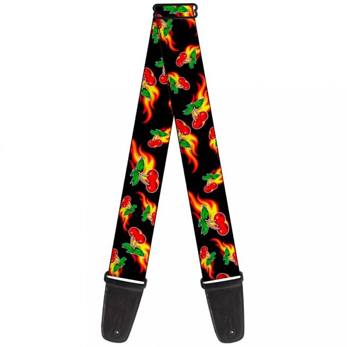 Guitar Strap - Flaming Cherries Scattered Black