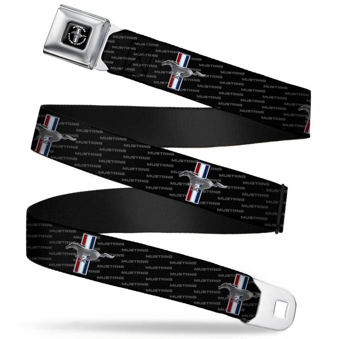 FORD MUSTANG Tri-Bar Logo Full Color Black/White/Silver/Red/Blue Seatbelt Belt - Ford Mustang w/Bars REPEAT w/Text Webbing