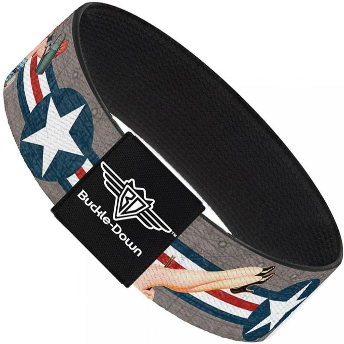 Buckle-Down Elastic Bracelet - Pin Up Girl Poses C/U Star & Stripes Gray/Blue/White/Red