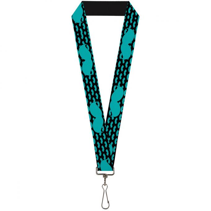 Buckle-Down Lanyard - Mustaches Mini/Single Repeat Black/Turquoise