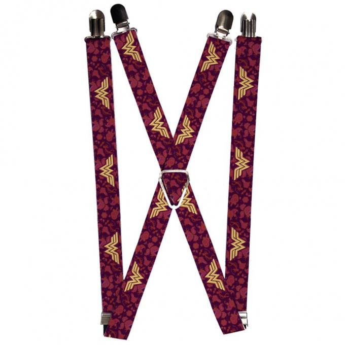 Suspenders - 1.0" - Wonder Woman Logo/Floral Collage Purple/Pinks/Gold