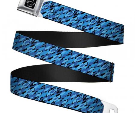 Chevy Seatbelt Belt - Diagonal Retro Chevy Bowtie Stacked Black/Blues Webbing