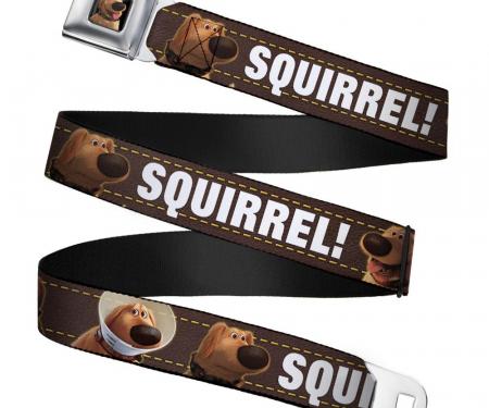 Dug Tongue Out Pose Full Color Black Seatbelt Belt - Dug 3-Poses/SQUIRREL! Brown/Yellow/White Webbing