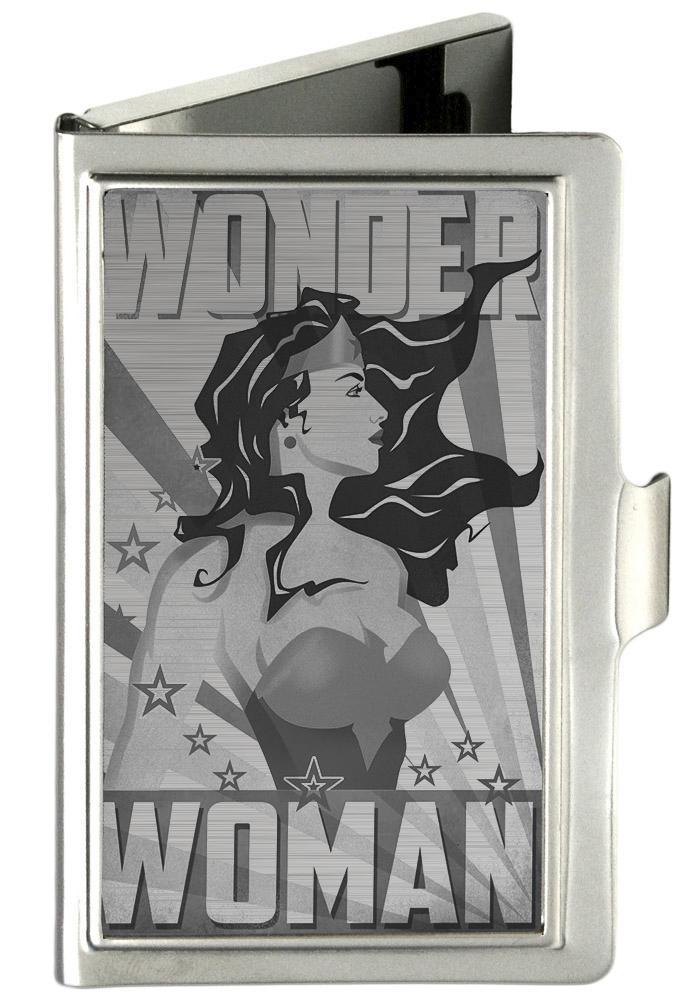 Business Card Holder - SMALL - WONDER WOMAN Pose/Stars & Rays Brushed Silver