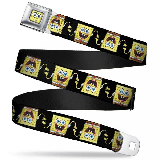 Sponge Bob Face CLOSE-UP Seatbelt Belt - Sponge Bob 3-D Pose Flip Black Webbing