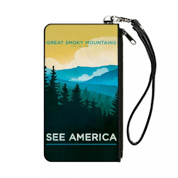 Canvas Zipper Wallet - SMALL - SEE AMERICA-NC GREAT SMOKY MTNS. Landscape Yellows/Blues/White
