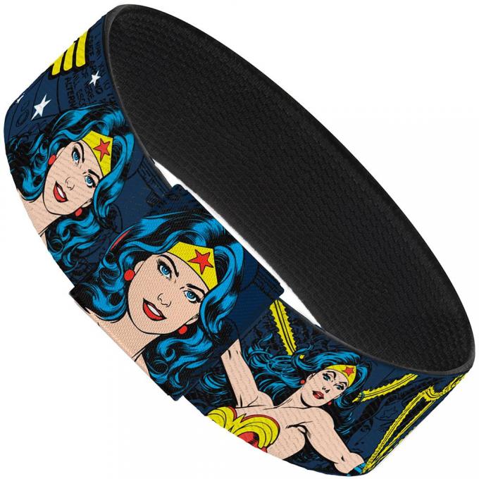Elastic Bracelet - 1.0" - Wonder Woman Face/Poses/Logos/Comic Scenes Blues/Yellow