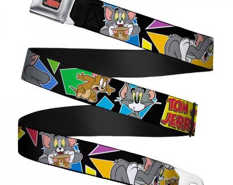 Tom and Jerry Logo Full Color Black/Red Seatbelt Belt - TOM & JERRY Poses Black/Multi Color Webbing