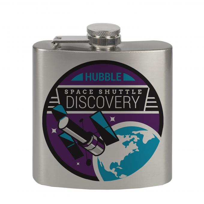 Stainless Steel Flask - 6 OZ - SPACE SHUTTLE DISCOVERY Hubble Telescope Black/White/Purple/Blue
