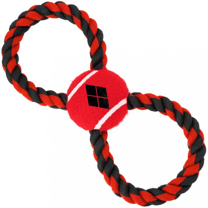 Dog Toy Rope Tennis Ball - Harley Quinn Diamond Icon Red/Black + Red/Black Rope