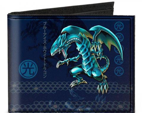 Canvas Bi-Fold Wallet - Blue-Eyes White Dragon Pose/LIGHT Kanji + BLUE-EYES WHITE DRAGON/Honeycomb Blues/Gray