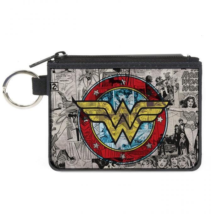 Canvas Zipper Wallet - MINI X-SMALL - Wonder Woman Logo/Comic Scenes Grays/Blue/Red/Yellow