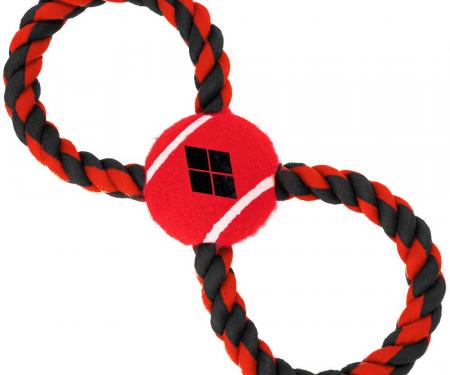 Dog Toy Rope Tennis Ball - Harley Quinn Diamond Icon Red/Black + Red/Black Rope