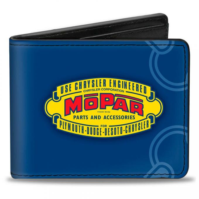 Bi-Fold Wallet - MOPAR 1937-1947 Logo-USE CHRYSLER ENGINEERED MOPAR PARTS AND ACCESSORIES Blue/Yellow/Red