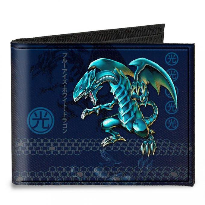 Canvas Bi-Fold Wallet - Blue-Eyes White Dragon Pose/LIGHT Kanji + BLUE-EYES WHITE DRAGON/Honeycomb Blues/Gray