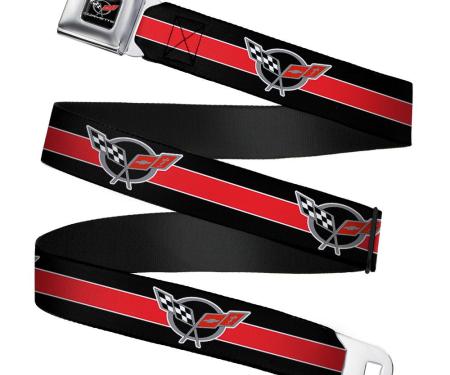 CORVETTE C5 Logo Full Color Black/Gray/White/Red Seatbelt Belt - CORVETTE C5 Logo/Stripe Black/White/Red/Gray Repeat Webbing