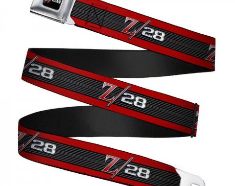 1969 Camaro Z/28 Emblem Full Color Black/Silvers/Red Seatbelt Belt - 1969 Camaro Z/28 Emblem/Stripe Red/Black/Gray/Silver Webbing