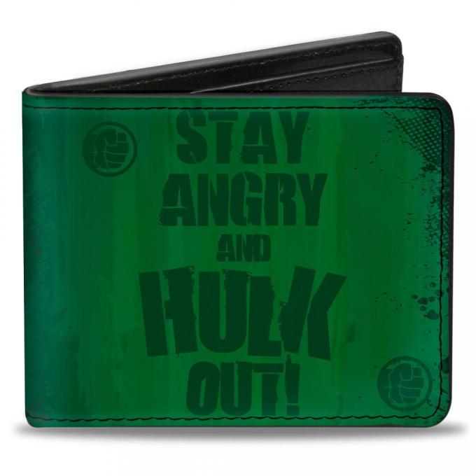 MARVEL AVENGERS 
Bi-Fold Wallet - STAY ANGRY AND HULK OUT!/Hulk Logo + Half Face Greens
