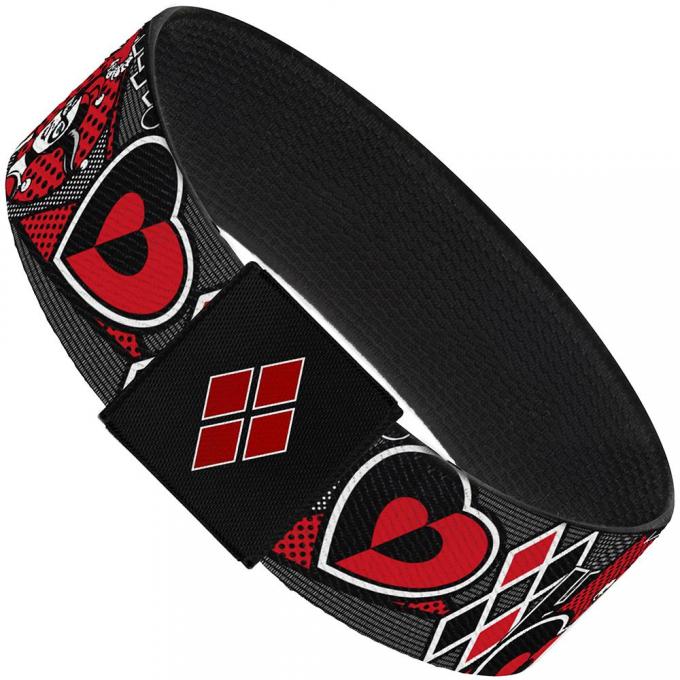 Elastic Bracelet - 1.0" - Harley Quinn Poses/HAHAHA!/Diamonds/Hearts Halftone White/Black/Red