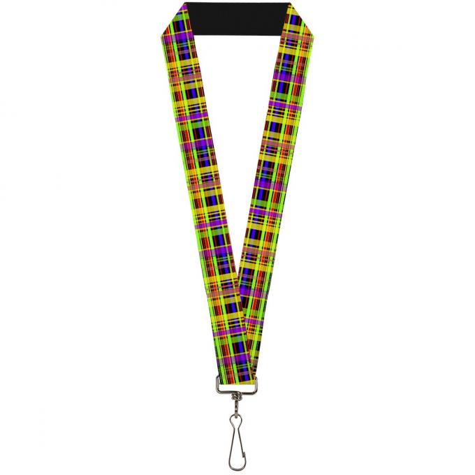 Buckle-Down Lanyard - Plaid Black/Multi Neon
