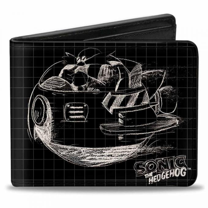 SONIC CLASSIC 
Bi-Fold Wallet - Doctor Eggman Flying Egg Mobile + Body Blueprints Black/White