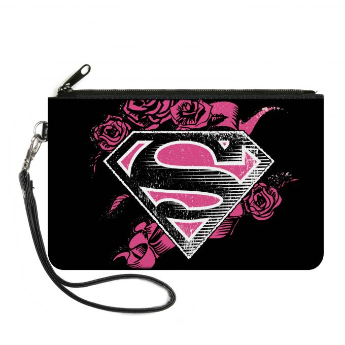Canvas Zipper Wallet - SMALL - Superman Shield4/Roses Weathered Black/White/Pinks
