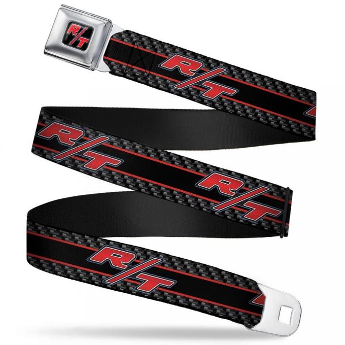 Dodge Challenger R/T Emblem Full Color Black/White/Red Seatbelt Belt - Dodge Challenger R/T Emblem/Carbon Fiber Stripe Grays/Black/Red Webbing