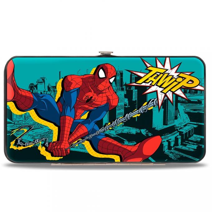 ULTIMATE SPIDER-MAN 
Hinged Wallet - Spider-Man Swinging Poses THWIP + Spider Logo/Skyline Turquoise/Black/Yellows