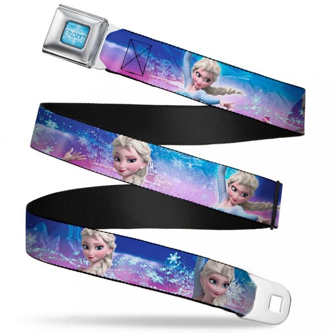 FROZEN Logo Full Color Blues Seatbelt Belt - Elsa the Snow Queen Poses/Castle & Snowy Mountains  Blue-Pink Fade Webbing